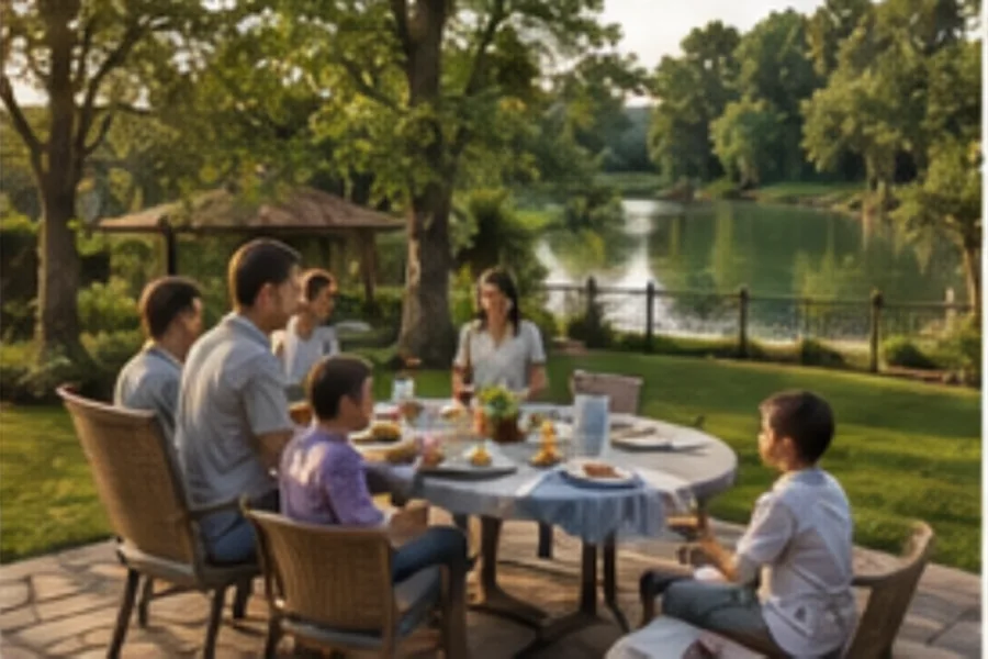 Concept image of a family dining outdoors near greenery