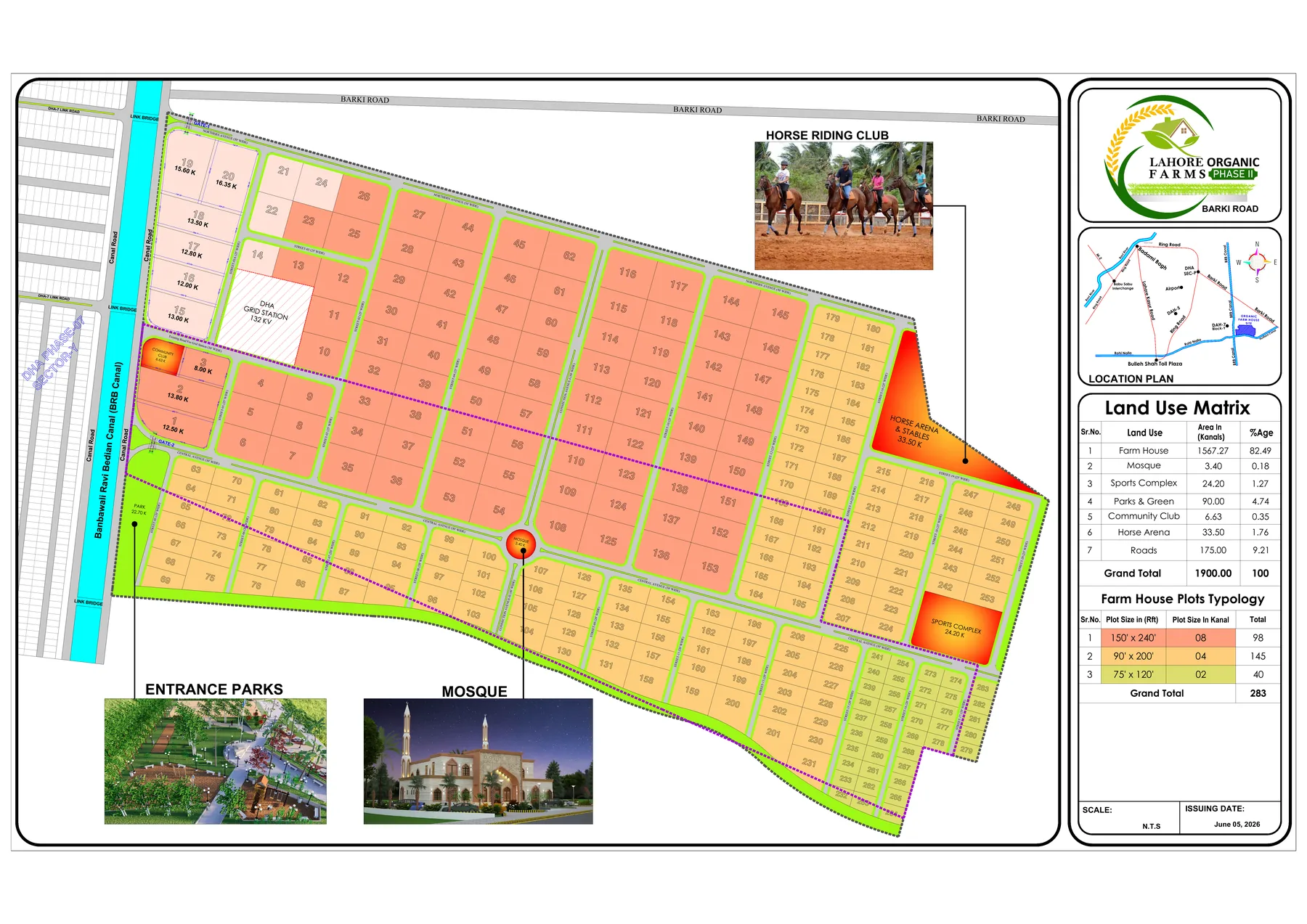 Master plan of Lahore Organic Farm Houses Phase II showing 283 numbered plots, roads, parks, mosque, sports complex, community club and horse arena